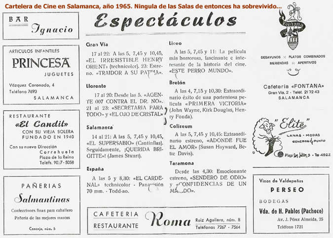 Cartelera de Cine en Salamanca, ao 1965